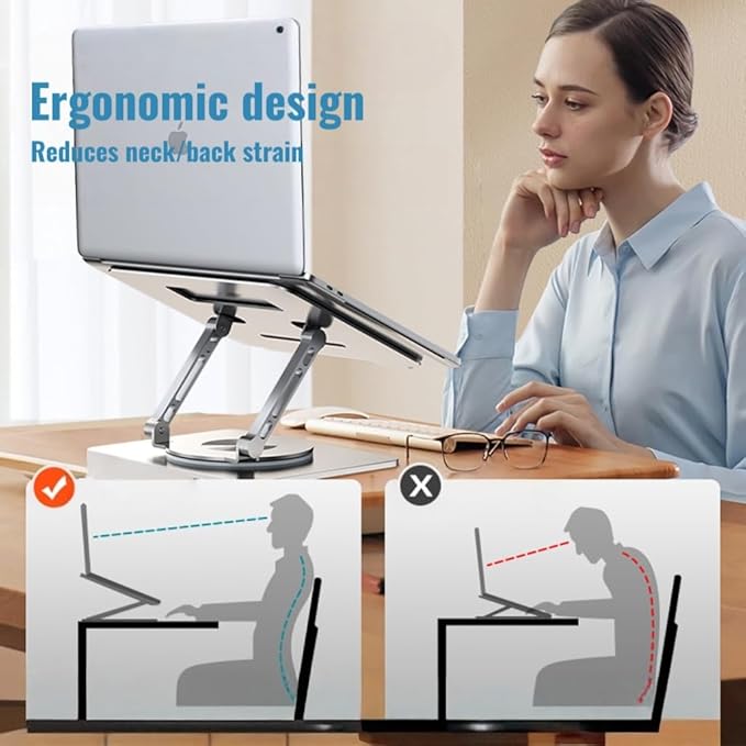 Laptop Stand for Desk, Adjustable Height & Angle Portable Aluminum Laptop Riser & Monitor Stand with 360° Swivel, Foldable Ergonomic Computer Stand for 10-17 Inch Laptops (MacBook/Dell/HP), Silver.