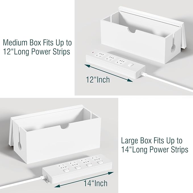 Bamboo Cable Management Box, Large Cord Organizer Box Cable Box to Hide Wires & Power Strips for Desktop Storage Cord Holder for Office Home,No Assembley Required (All White, 2 Packs(M+L))