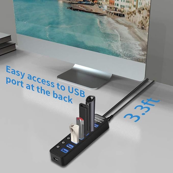 Powered USB Hub 3.0 Extender, Multiple Port Hub Splitter for Laptop PC with Power Adapter and Charging Port, USB Expander with On/Off Switches for MacBook, iMac, Surface Pro