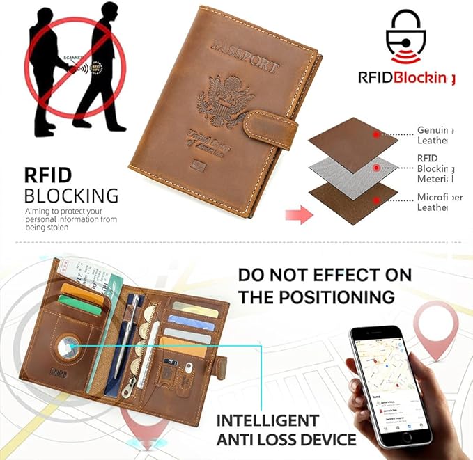 CONTACTS Full Grain Leather Passport Holder RFID Blocking Passport Wallet Compatible with Airtag Travel Passport Cover with SIM Card Removal Tool (Badge, Camel Brown)