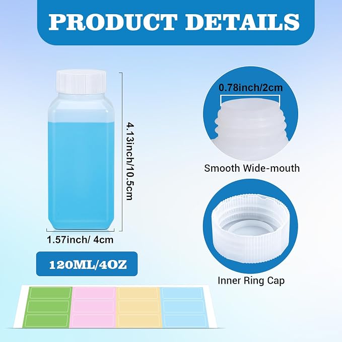 DEMORA 3.4oz Small Square Plastic Travel Bottles, Reusable Leak Proof Liquid Containers with Caps and Stickers for Pill, Water, Juice（4 Translucent & 4 White, 8 Pcs）