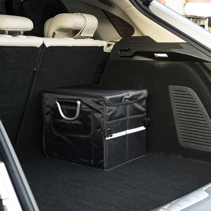Small Trunk Organizer With Lid, For SUV Car Truck, Black 28L, Foldable Waterproof Oxford Fabric, 2-Compartments With Aluminium Alloy Handle