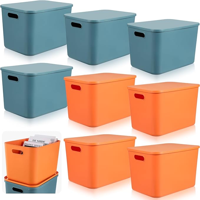Hoolerry 8 Pieces Colorful Storage Bins with Lid, Plastic Storage Basket Organizing Container Stackable Box with Handle for Shelves Desktop Playroom Office(14.2 x 10.2 x 9.5 Inch,Blue and Orange)