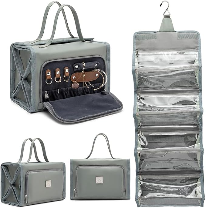 ROYALFAIR Roll Up Makeup Bag, Travel Toiletry Bag for Women with 4 Clear TSA Approved Pouches, Hanging Travel Organizer, Folding Cosmetic Bag for Men and Women (grey)