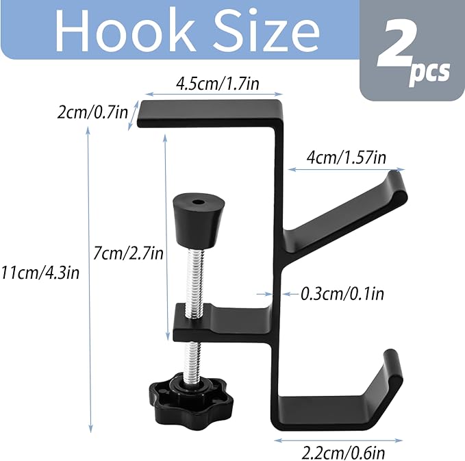 Desk Mount Bag Holder Hook Clamp,On Backpack Hanger Portable Desk Mount Headphones Holder for Reduce Desk Clutter Table Desk Table Hanging Storage(2 Pcs-Double Hook Black)