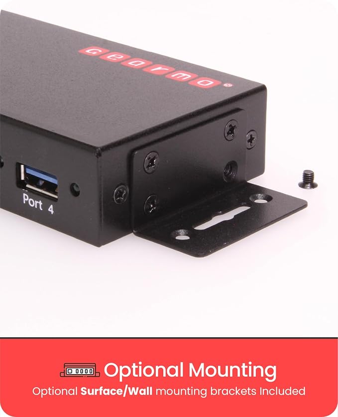 Gearmo 4 Port USB 3.0 Hub w/ESD and Surge Protection, Wall and Desk Mount Ready USB-A Hub, Includes 12V/2A Power Adapter and Terminal Block for Versatile Power Input