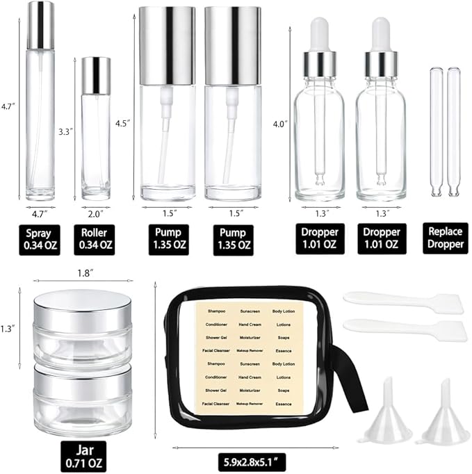 18Pack Glass Travel Bottles for Toiletries, TSA Approved Glass Travel Containers 1.35/0.7/1 oz Silver Small Travel Bottles with Label, BPA Free Leak Proof with Pump Spray Bottles for Makeup, Skincare