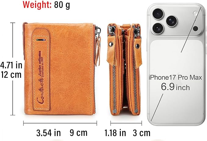 CONTACTS Soft Leather Wallet for Women Small Bifold Coin Purse Double Zipper Card Holder with RFID Blocking (Light Orange)
