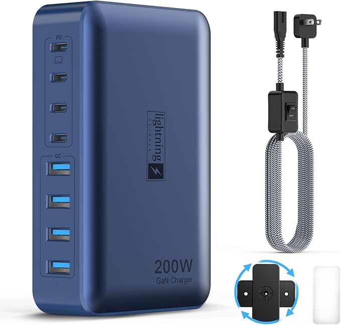 8-Port iPhone Charger Fast Charging 200W with Flat Plug, Braided Power Cord, and On/Off Switch- USB Charging Hub for iPhone, iPad, MacBook and More- 65W C Port Power Adapter for Laptops