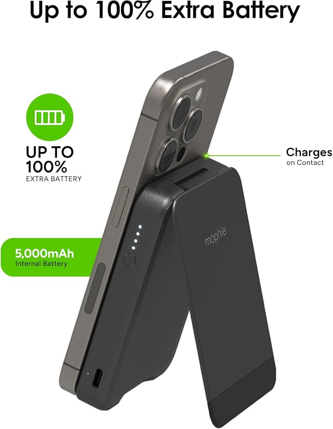 Mophie Snap+ Powerstation Mini with Stand - 5000mAh,15W Qi2 Magnetic Wireless Charger, Portable, Compatible with MagSafe & Qi-Enabled Smartphones, with Kickstand, USB C to USB C Cable Included, Black