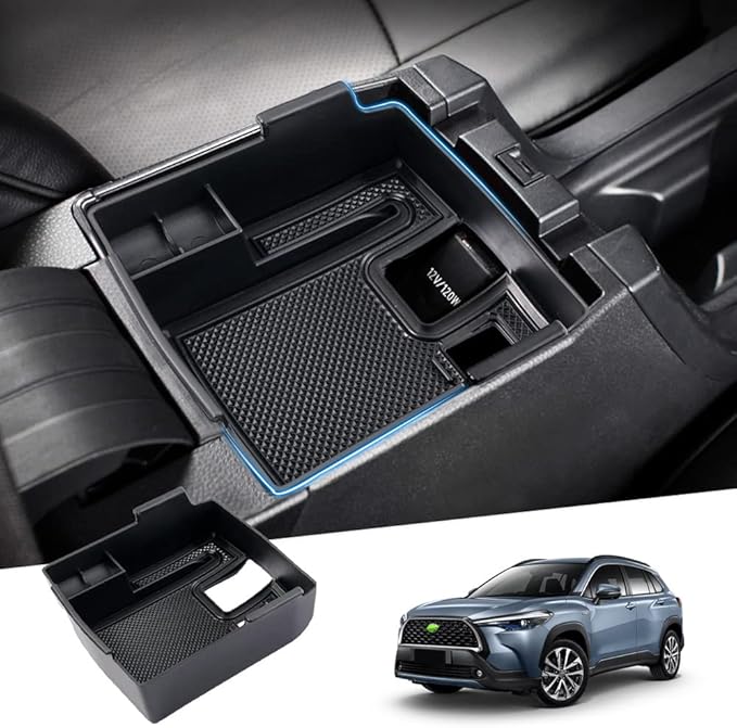 Karltys Compatible with Center Console Organizer Toyota Corolla 2019-2026/ Corolla Cross 2022-2026 Accessories Middle Console Tray Car Armrest Storage Box Container with Non-Slip Silicone Mats