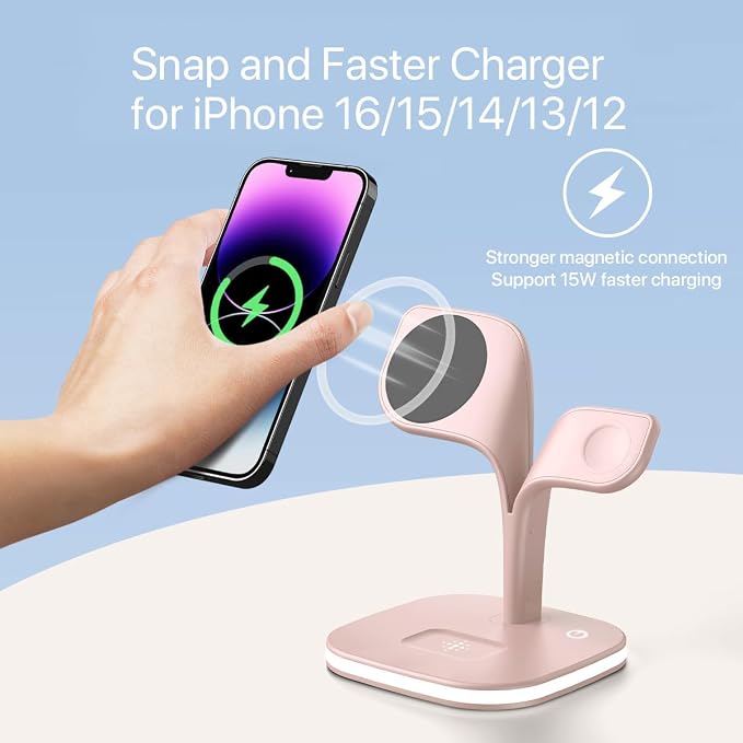 EXW Magnetic Charging Station, 5 in 1 Faster Mag-Safe Wireless Charger Stand for iPhone17/Air/16/15/14/13/12 Pro/Max/Mini/Plus, Apple Watch 10/9/8/7/6/SE/5/4/3/2 and Airpods 3/2/Pro/Pro 2 with LED