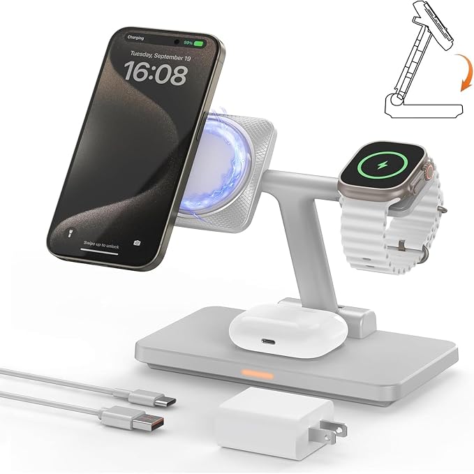 Magnetic 3 in 1 Wireless Station Foldable: JoyGeek MagSafe Charging Stand for iPhone 17 Air 16 Pro 15 Max, Apple Watch SE 2, AirPods Pro 3 (Gray)