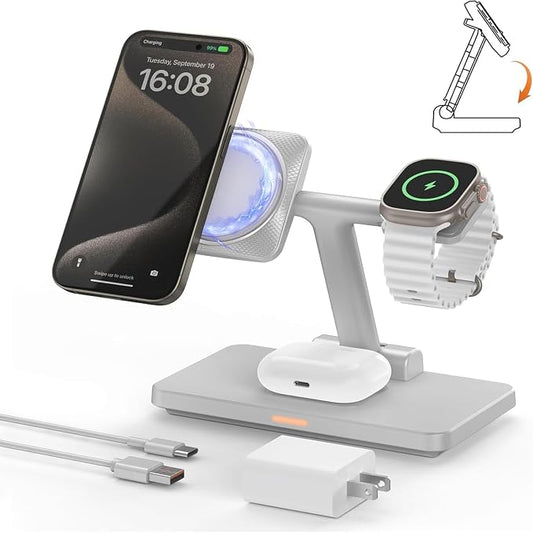 Magnetic 3 in 1 Wireless Station Foldable: JoyGeek MagSafe Charging Stand for iPhone 17 Air 16 Pro 15 Max, Apple Watch SE 2, AirPods Pro 3 (Gray)