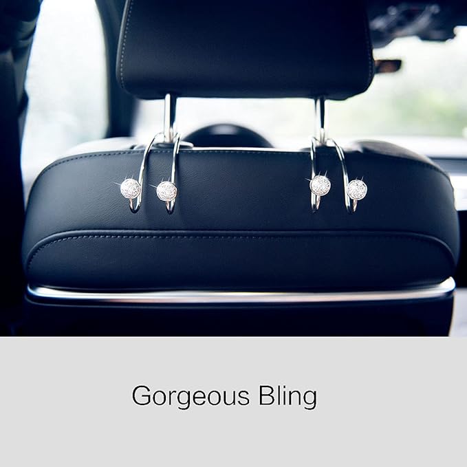 4 Pack Bling Car Hooks - Universal Car Headrest Hooks, Stainless Steel Car Seat Hooks for Women Bags & Purses (Silvery)