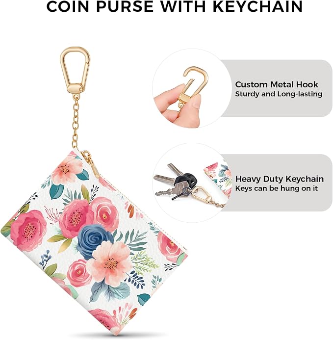Watercolor Floral Keychain Coin Purse for Women, Small PU Leather Change Pouch, Zipper Little Tiny Travel Wallet for Girls, Cute Kawaii Zip Pocket Coin Holder with Key Ring