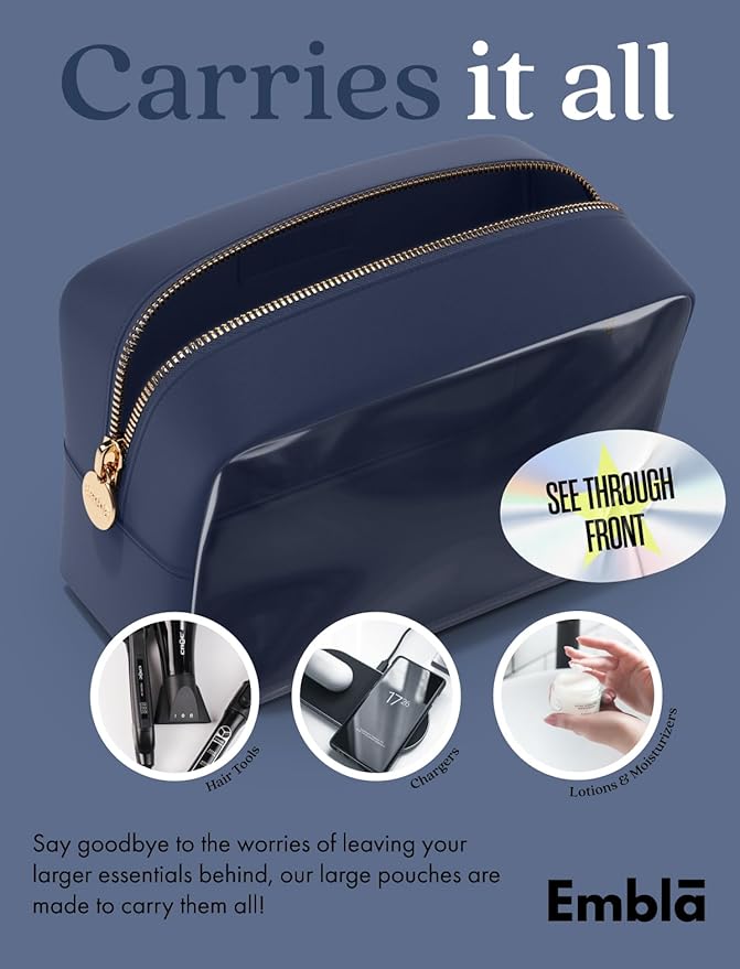 Embla Clear Large Makeup Bag Cute Big Make Up Nylon Pouches Travel Bathroom Bags for Toiletries XL Cosmetic Pouch for Women Girls Extra Large Zipper Toiletry Skincare Organizer Navy Blue