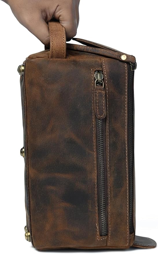 Hindoro Premium Buffalo Leather Travel Toiletry Bag - Unisex Water-Resistant Vintage Travel Pouch Kit, Shaving & Cosmetic Organizer for Men & Women - Compact Bathroom Essentials - Distressed Brown