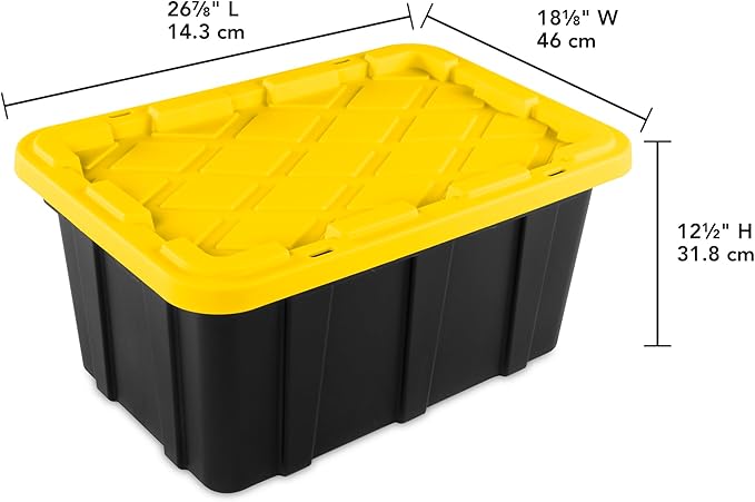 Sterilite 17 Gal Industrial Tote, Stackable Storage Bin with Snap-Fit Lid for Garage, Basement & Attic Storage, Black Base and Yellow Lily Lid, 6-Pack