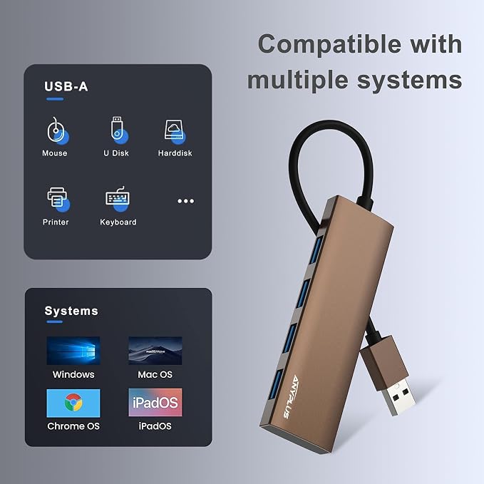 USB Hub, USB 3.0 Hub Aluminum Alloy Ultra Slim USB Splitter, Portable 4 Port USB Extender, USB Hub for Laptop, PC, MacBook, iMac, Surface Pro, Mac Pro, Flash Drive, XPS【Brown】