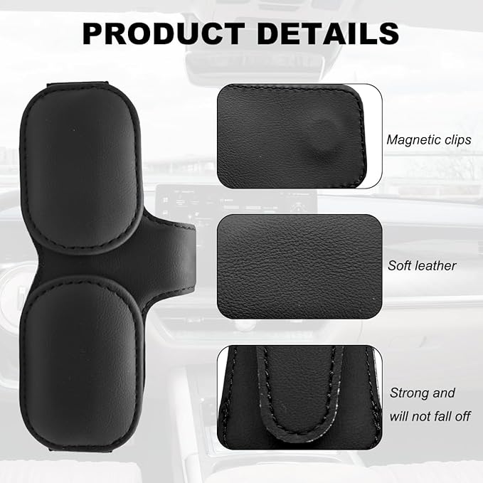 DXNQ Sunglass Holder for Car Sun Visor, Leather Magnetic Eyeglass Holder Mount Clip for Visor, Universal Eyeglasses Hanger and Ticket Card Clip for Vehicle Visor, Car Accessories (Black+Double Clip)