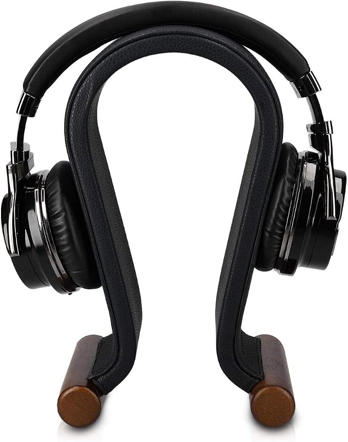 Navaris Omega Headphone Stand - Synthetic Leather Headset Hanger with Wood Base - Holder for Wired, Wireless, Gaming, DJ, Studio Headphones - Black
