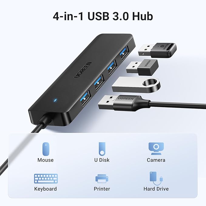 UGREEN USB 3.0 Hub, 4 Ports USB A Splitter Ultra-Slim USB Expander for Mouse, Keyboard, Flash Drive, U Disk, Printer Compatible with Laptop, Desktop PC, Xbox, PS5, and More, 3.3ft