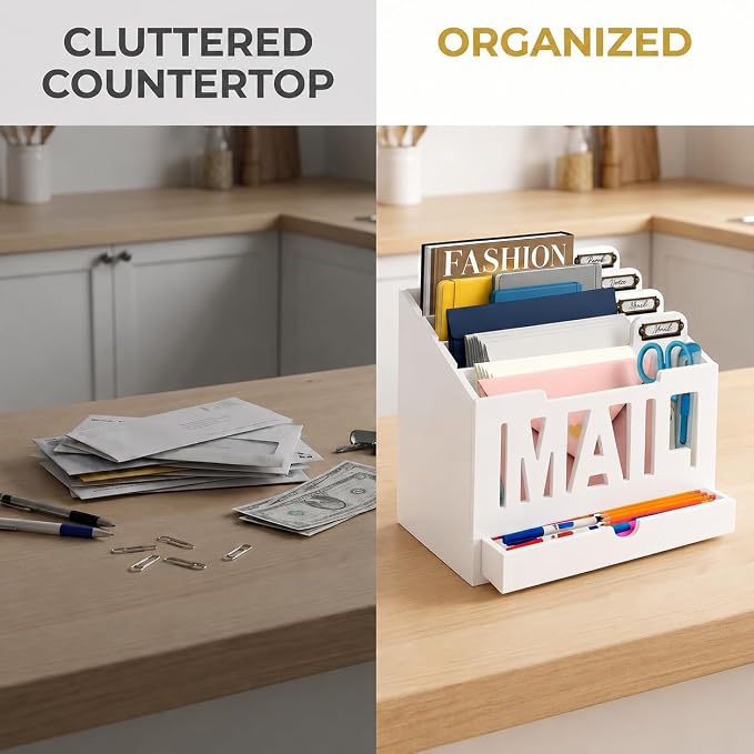 Mail Organizer Countertop – White Holder for Desk with 4 Slots, Drawer & Label Tags, Decorative Desktop Sorter, Envelope Tray for Home Office Organization (11x7x9.5 in)