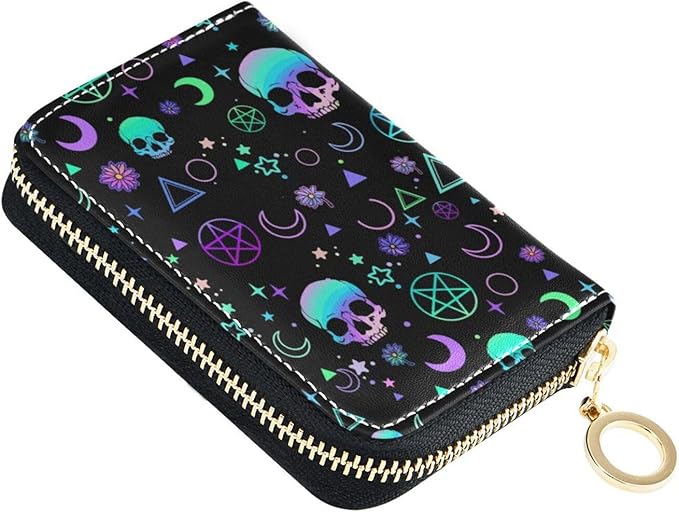 Magic Skull RFID Credit Card Holder Wallets Accordion for Women Leather Zipper Card Case Accordion Wallet for Ladies Girls