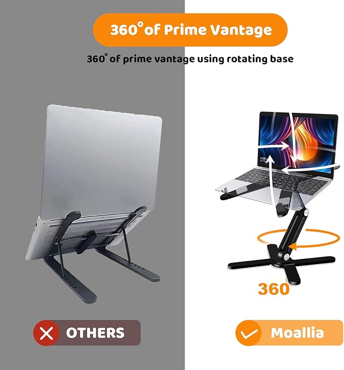 Moallia N86 360 Rotating Laptop Stand, Adjustable Height & Angle, Ergonomic Metal Riser for Desk Collaborative Work, Fully Foldable for Easy Storage, Fits All MacBook & Laptops up to 16 inches, Black