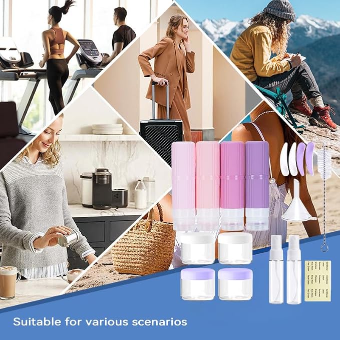 18 packs of toiletries travel bottles, TSA Approval silicone travel containers, leak proof refillable shampoo and conditioner are essential for travel, fitness, business trips, office use(pink)