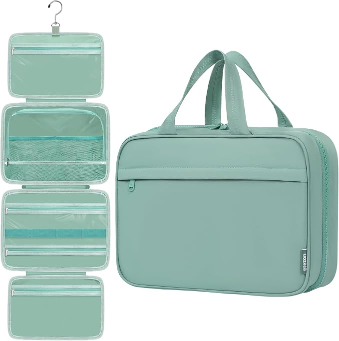Toiletry Bag for Women, Portable Hanging Organizer, 4 Leakproof Compartments for Full-Sized Conditioners, Brush Sets, Makeup Accessories, Visible and Easy to Access, L, mint