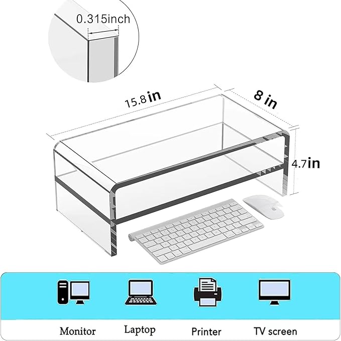 Acrylic Monitor Stand - 16/20 inch 2 Tier Riser for iMac, PC, Desktop, Laptop, TV with Storage Shelf, Home Office Desk Organizer