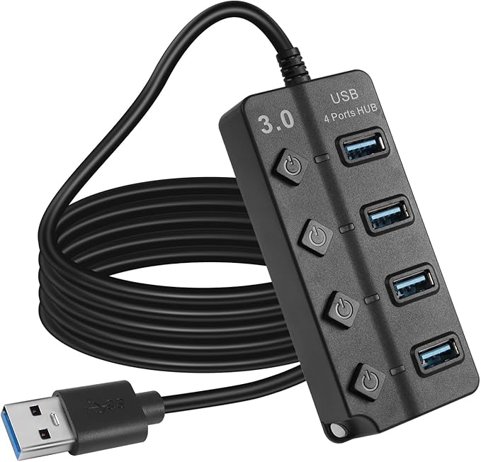 5FT 4-Port USB3.0 Expander Hub, USB 3.0 Fast Data Hub with Individual LED Power On/Off Switches, Portable USB Port Extender for PC, USB Flash Drives and More