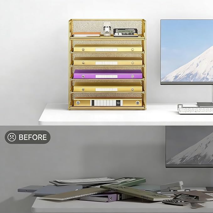 6 Tiers Letter Tray Paper Organizer with Handle, Mesh Desk File Organizer, Metal Desktop Document Shelf Organization, Paper Sorter Organizer for Office, Home or School File Folder Holder (Gold)