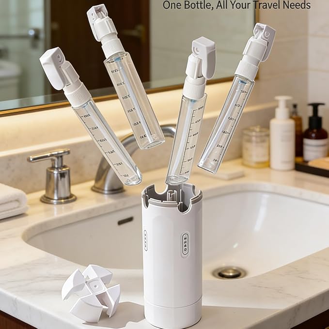BOMPOW 4-in-1 Travel Bottles Set, Leak-Proof Refillable Containers Dispensers Labels Portable Toiletry Organizer Cup for Shampoo, Lotion, Soap