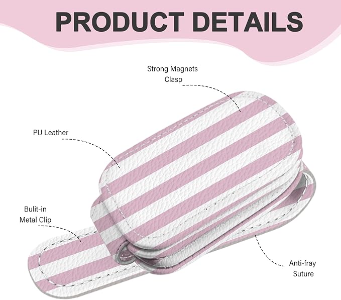 2 Pack Magnetic Leather Sunglass Holder, Universal Magnetic Car Eyeglass Hanger Clip for Different Size Eyeglasses, Car Visor Accessories (Pink Stripes)