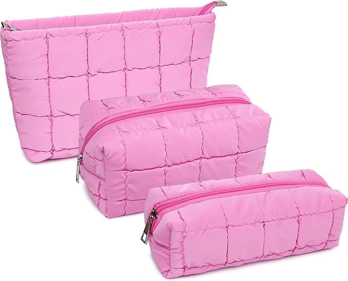 3Pcs Puffer Quilted Makeup Bag Travel Cosmetic Bag Set Portable Puffy Checkered Toiletry Pouch Skincare Organizer Purse Pencil Case (Rose Red)