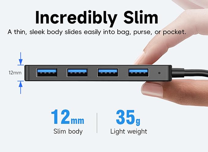 4-Port USB 3.0 Hub, Ultra-Slim Data USB Hub, for MacBook, Mac Pro, Mac mini, iMac, Surface Pro, XPS, PC, Flash Drive, Mobile HDD (U1 0.59ft)