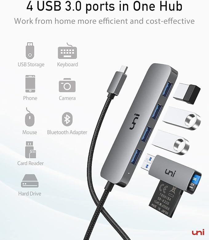 uni USB C to USB Hub 4 Ports 2ft, Sturdy Braided USB Type C to USB Adapter with 4 USB 3.0 Ports, Thunderbolt 3 to Multiport USB 3.0 Hub Adapter for MacBook Pro/Air 2020/2019, iPad Pro