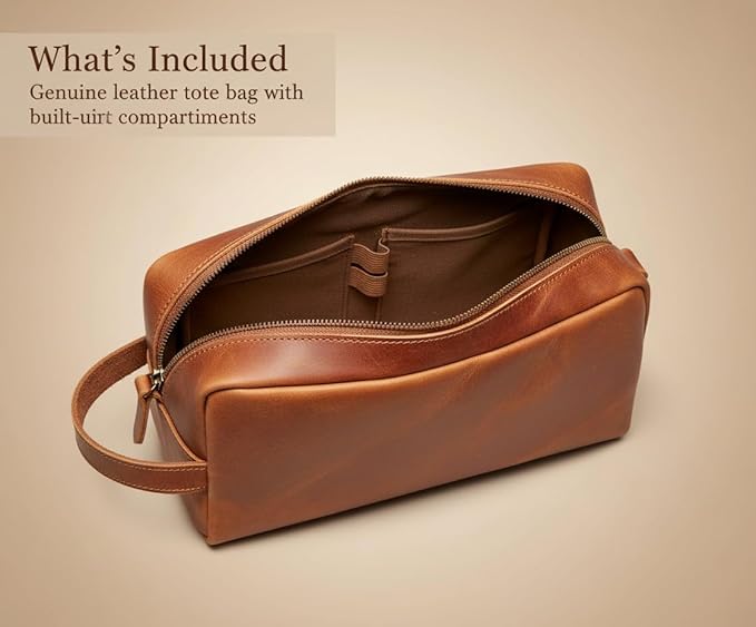 The Tannery Genuine Leather Toiletry Bag For Men & Women, Lightweight Pouch For Unisex, Durable Makeup Kit Bag, Best Gift For Father's Day, Stylish Travel Organizer, Thanks Giving (Tan Brown)