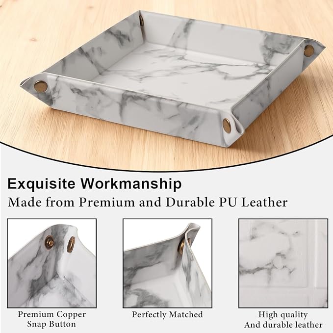 Valet Tray Desktop Storage Organizer – Premium PU Leather Catchall Bedside Vanity Tray Nightstand Caddy Holder for Remote Controller, Keys, Phone, Wallet, Coin, Jewelry,Marble White