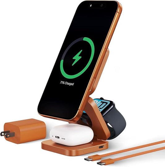 KU XIU QI 2.2 25W 3-in-1 Charging Station for Apple Device, Foldable Magnetic Charger for iPhone 17/16, 5W for Apple Watch & AirPods, Fast Travel Wireless Charging Stand with 45W Adapter