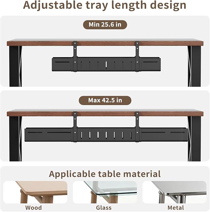 Under Desk Cable Management Tray, Expandable 25.6"–42.5" Heavy Duty Carbon Steel with Clamp, Hidden Cord Organizer for Desk, Home Office & Standing Desk, No Drill Installation, Black