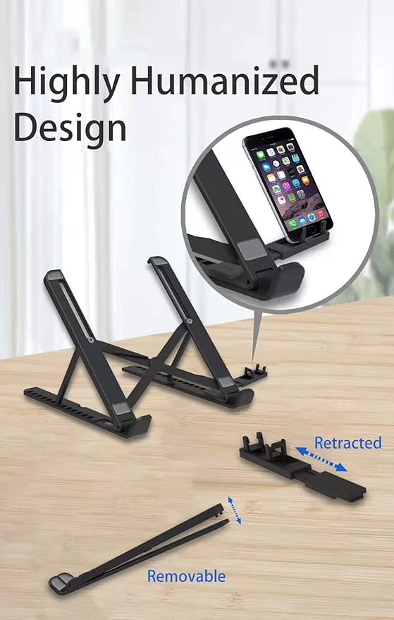 Laptop Stand for Desk with Phone Holder,Anti-Slip Foldable Laptop Riser,Adjustable Portable Stand,Compatible with MacBook Air Pro, HP, Lenovo, Dell, More 10 to 17” Laptops and Tablets (Black)