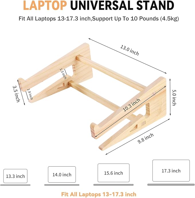 Wood Laptop Stand,Universal Computer Stands for Desk,Vertical Laptop Holder for MacBook Pro, Wooden Laptop Riser for MacBook Air, Dell, HP, Lenovo Compatible with 13.3 to 17.3 Inches All Laptops