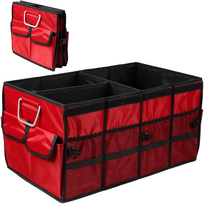 Car Trunk Organizer Collapsible Portable Multi Compartments Organizer with Non Slip Straps for SUV Truck Auto Vehicle Car Auto Minivan (Large without cover, Red)