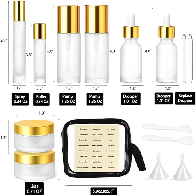 18Pack Glass Travel Bottles for Toiletries, TSA Approved Glass Travel Containers 1.35/0.7/1 oz Golden Small Travel Bottles with Label, BPA Free Leak Proof with Pump Spray Bottles for Makeup, Skincare