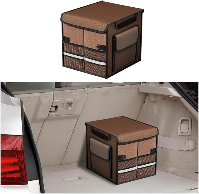 HZEL Car Trunk Organizer with Lid, Foldable Slip Resistant Multi-Compartment Vehicle Cargo Storage Box, Collapsible Waterproof Automotive Trunk Organizer, Universal for SUV Van Truck (Coffee)