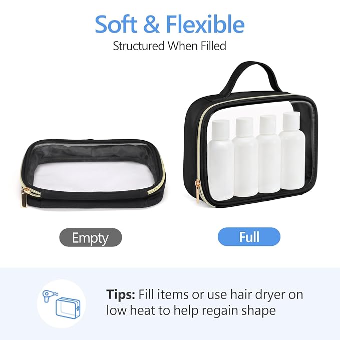 PACKISM Clear Makeup Bag Combo Pack, 1 TSA Approved Medium & Large/XL for Checked Luggage, Clear Toiletry Bag with Handle, Water-resistant Travel Essentials Organizer, Black